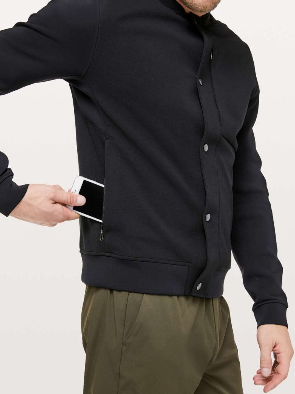 Lululemon Sojourn Bomber Jacket Mens Medium Warpstreme Black Snap Front